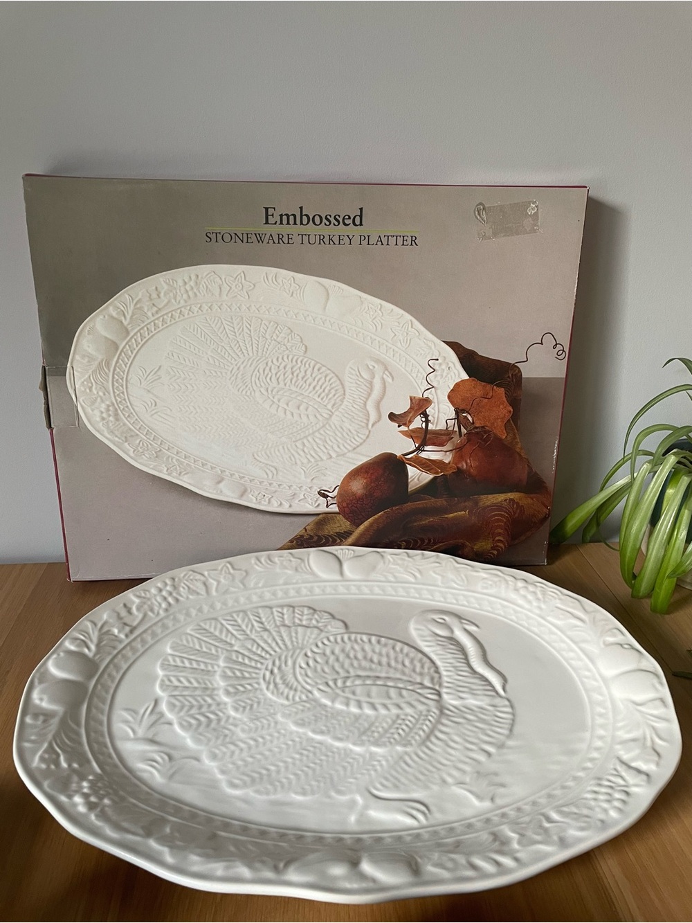 Vintage Sears Embossed Turkey Stoneware Serving Platter with Original Box